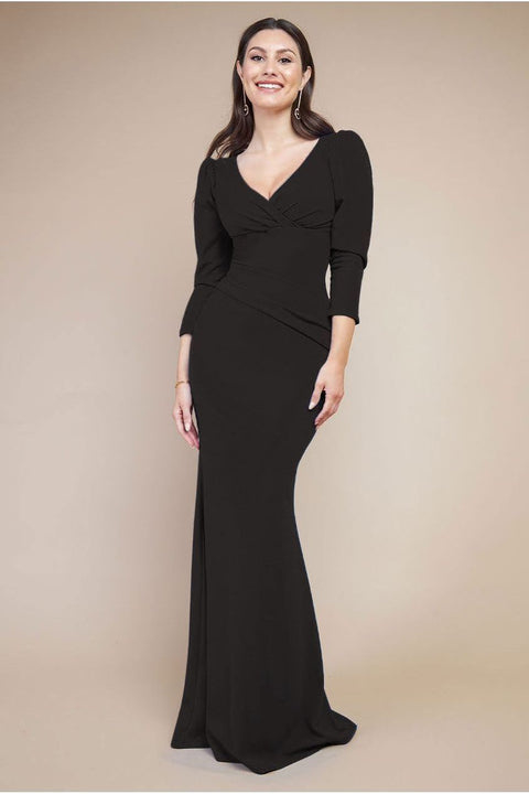 Front Wrap Pleated Scuba Maxi Dress - Black by Goddiva