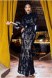 Sequin High Neck Feather Cuff Maxi Dress - Black by Goddiva