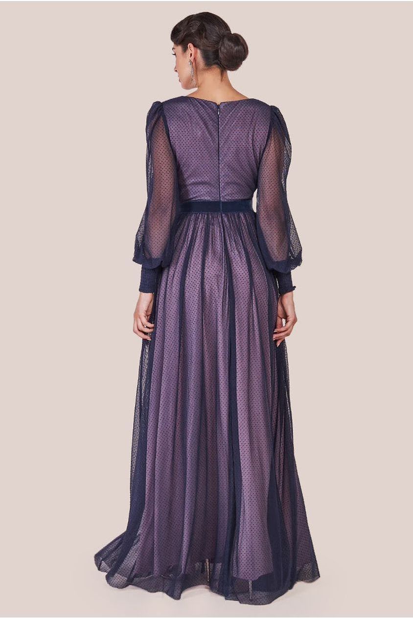 Corsage V-Neck Dobby Mesh Maxi - Blue DR4001