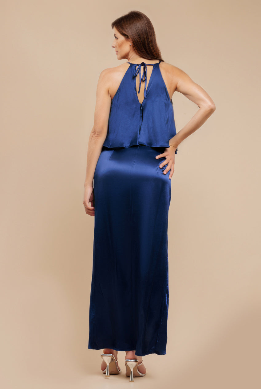 Satin Viscose Front Wrap Midaxi Dress - Navy Blue DR4002M