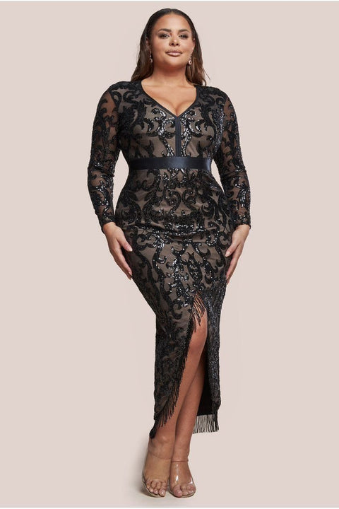 Tassel & Sequin Midaxi With Front Split - Black by Goddiva Plus