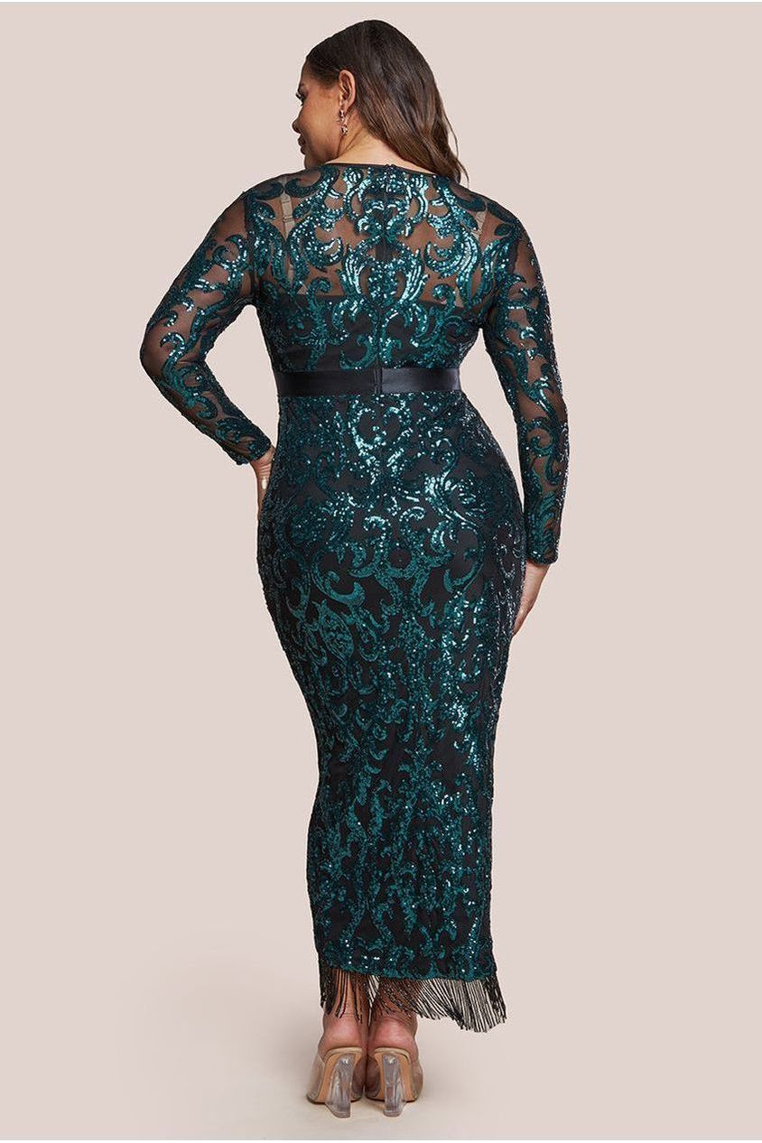 Tassel & Sequin Midaxi With Front Split - Emerald Green DR4006PLUS
