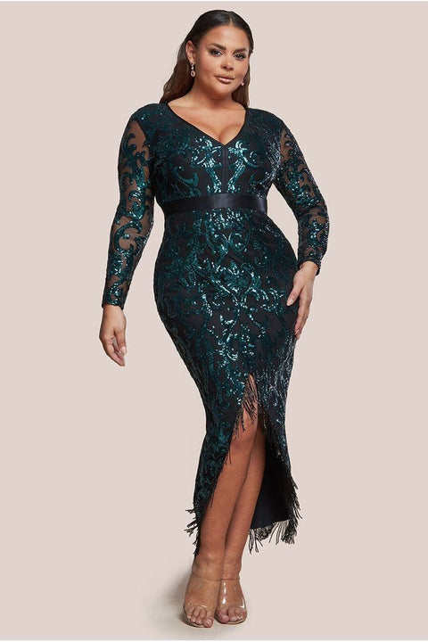 Tassel & Sequin Midaxi With Front Split - Emerald Green by Goddiva Plus
