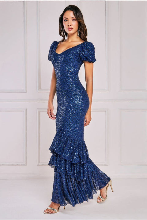 Puff Sleeve Tiered Hem Maxi Dress - Navy by Goddiva