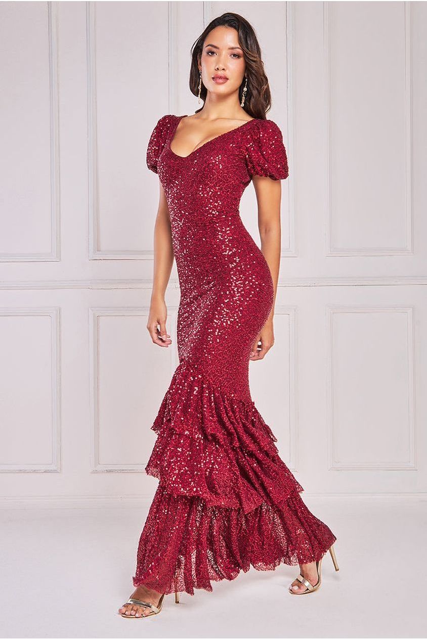 Puff Sleeve Tiered Hem Maxi Dress - Wine DR4022