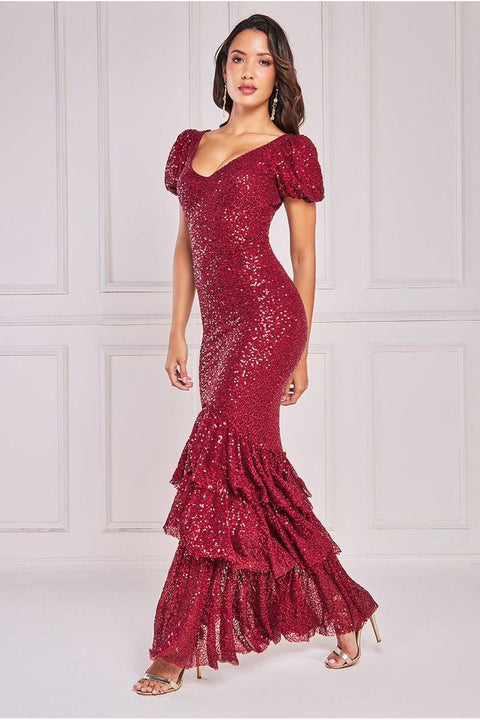 Puff Sleeve Tiered Hem Maxi Dress - Wine by Goddiva