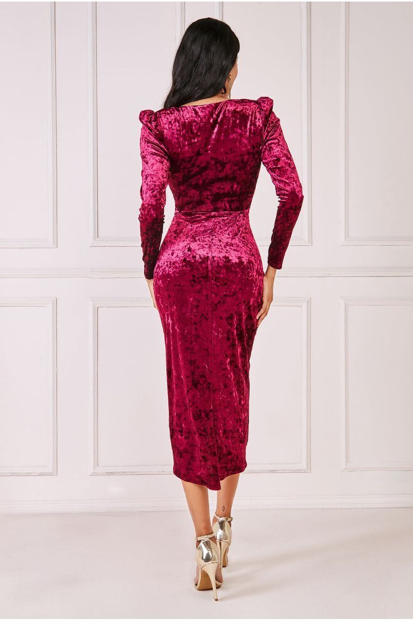 Flared Hem Ice Velvet Midi  - Burgundy DR4028