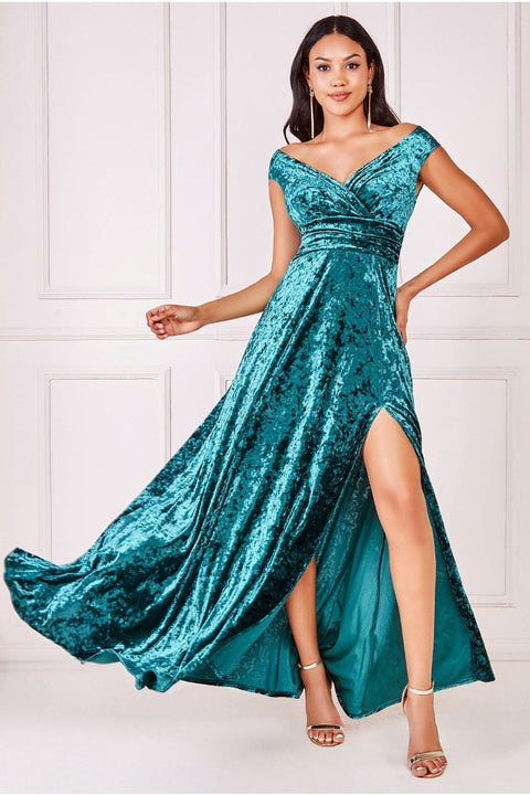 Ice Velvet Bardot Wrap Maxi - Emerald Green by Goddiva