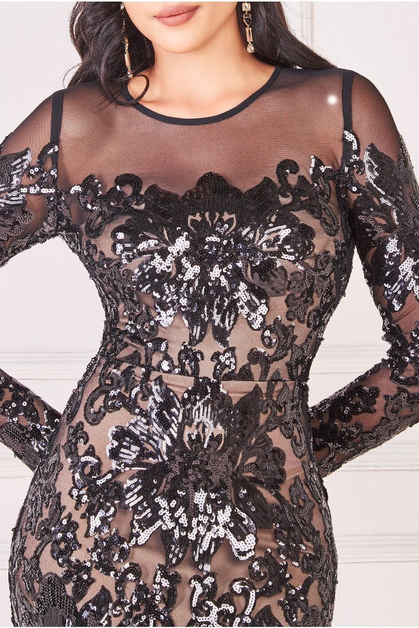 Floral Sequin Mesh Maxi - Black DR4041