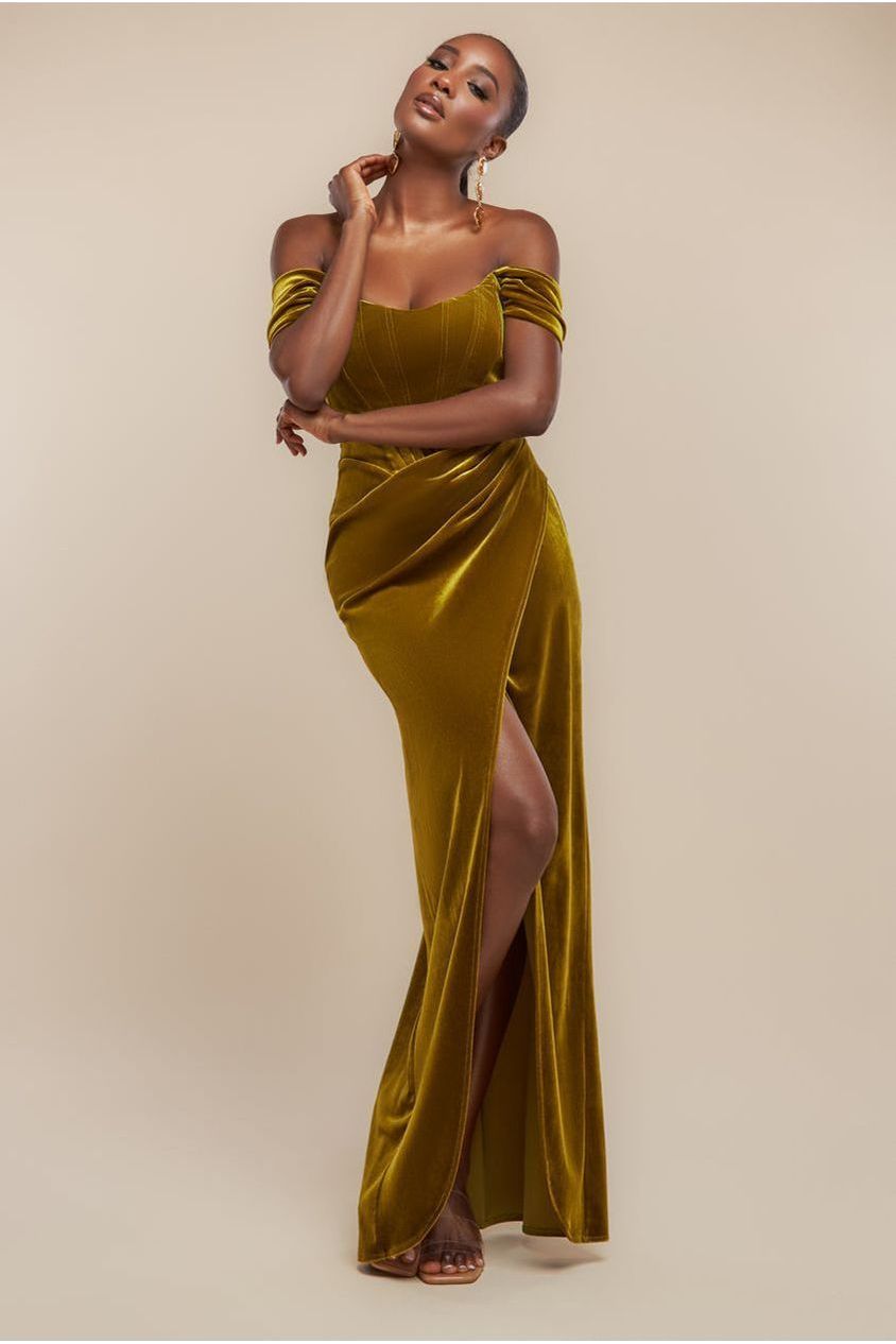 Draped Shoulder Velvet Corset Maxi Dress - Olive Green DR4044
