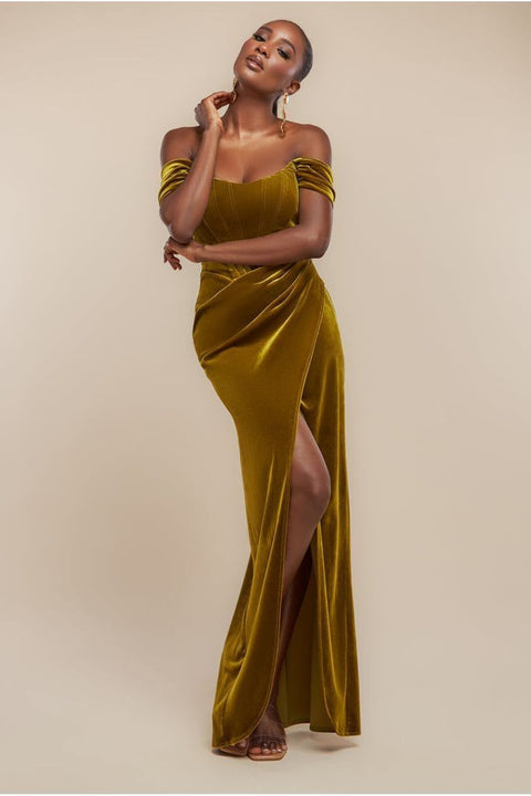 Draped Shoulder Velvet Corset Maxi Dress - Olive Green by Goddiva