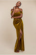 Draped Shoulder Velvet Corset Maxi Dress - Olive Green by Goddiva