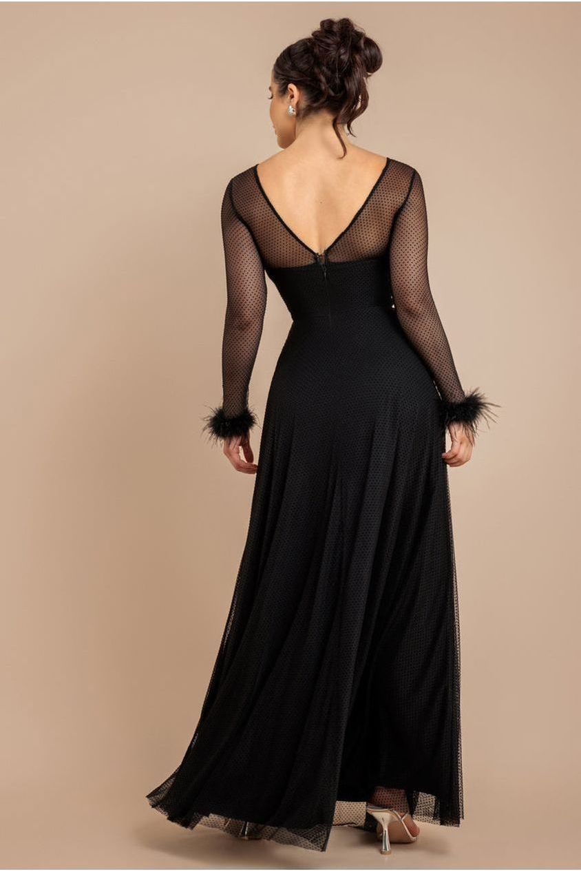 Dobby Mesh Feather Sleeve Hem Maxi Dress - Black DR4046