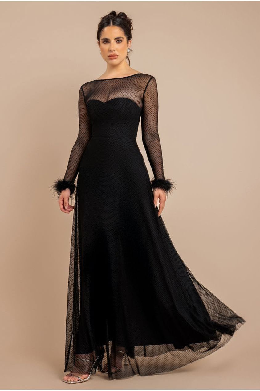 Dobby Mesh Feather Sleeve Hem Maxi Dress - Black DR4046