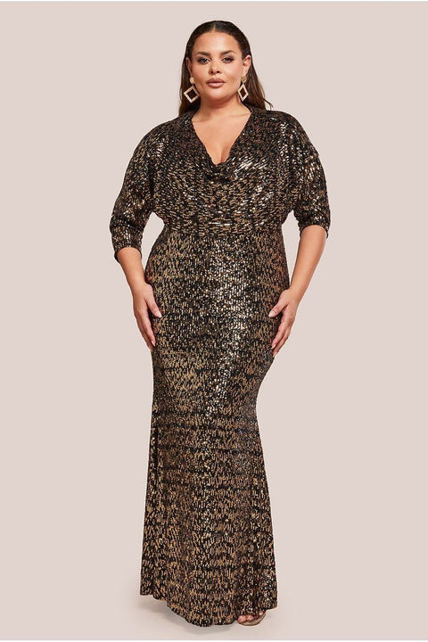 Sequin Cowl Maxi Dress - Black by Goddiva Plus