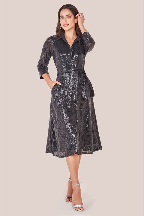 Sequin Skater Shirt Dress - Black by Goddiva