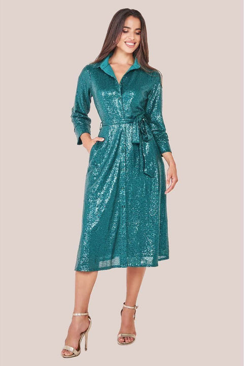 Sequin Skater Shirt Dress - Emerald Green by Goddiva