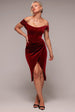 Draped Shoulder Velvet Corset Midi Dress - Wine by Goddiva