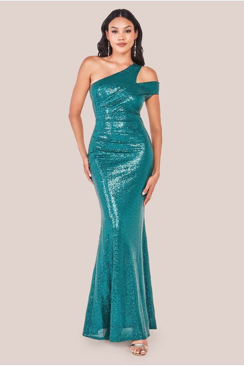 One Shoulder Sequin Evening Maxi - Emerald Green by Goddiva