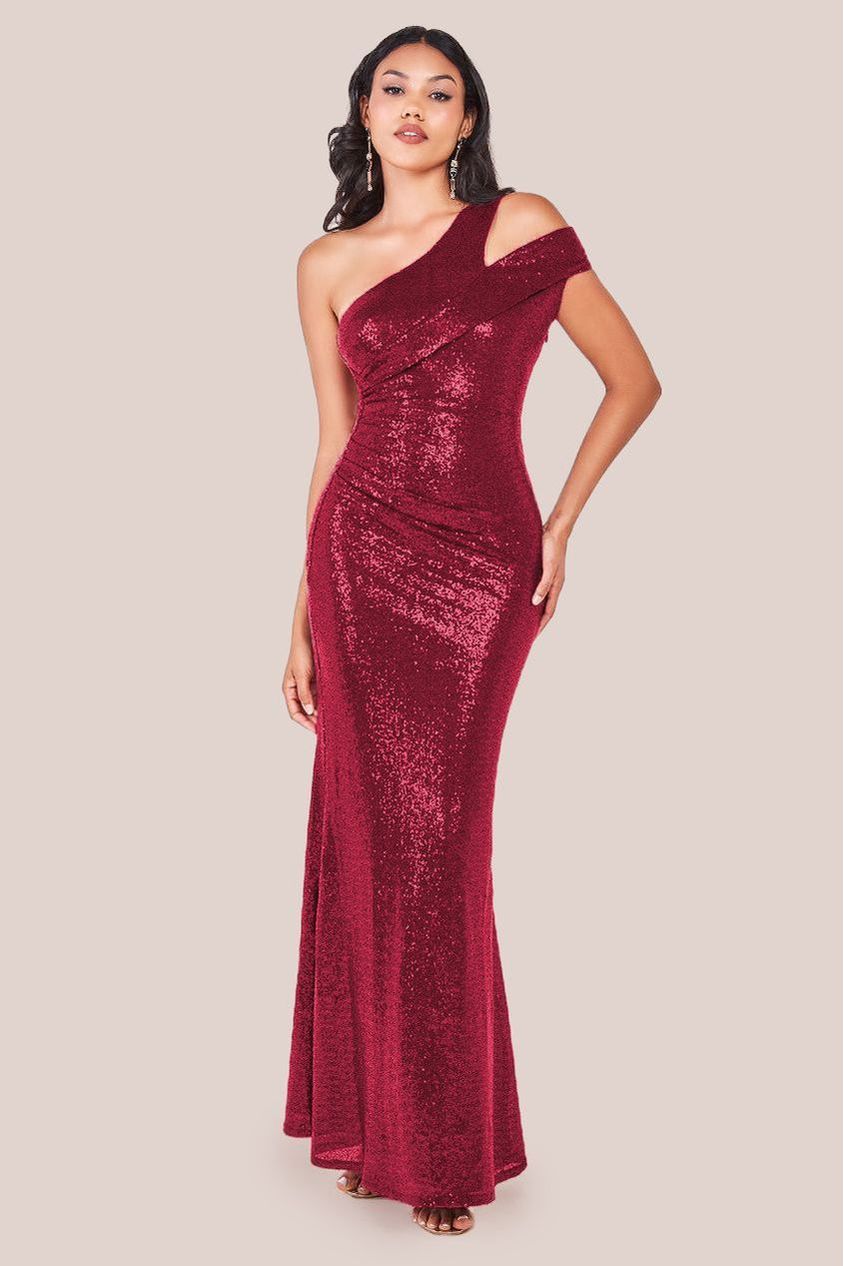 One Shoulder Sequin Evening Maxi - Wine DR4069