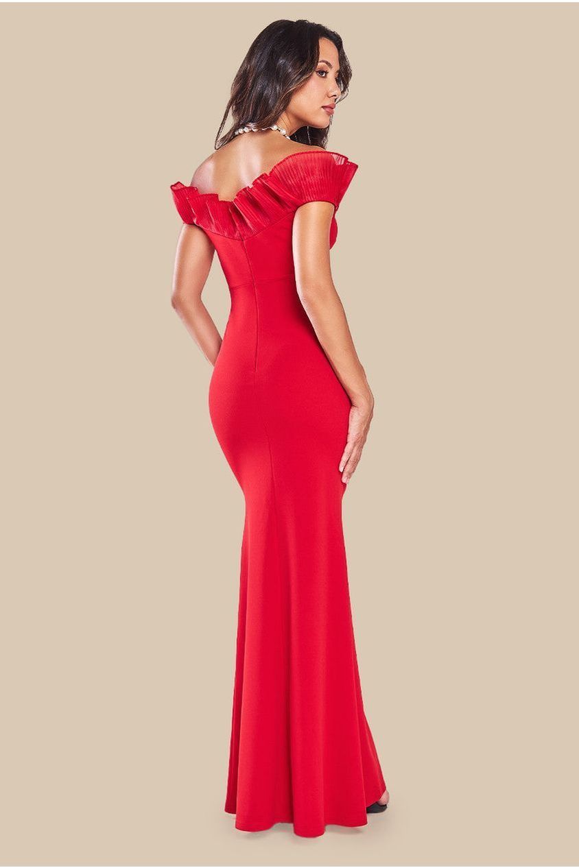 Fan Pleated Bardot Scuba Crepe Maxi - Red DR4070