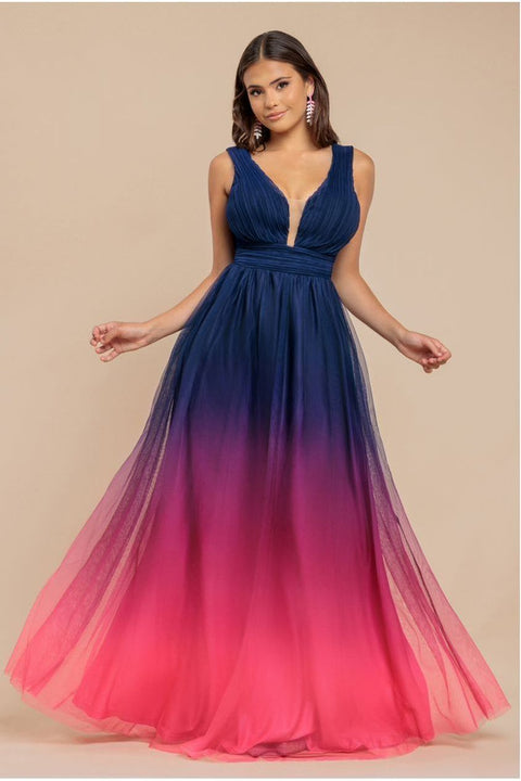 Sleeveless Ombre Pleated A-Line Maxi Dress - Pink Ombre by Goddiva