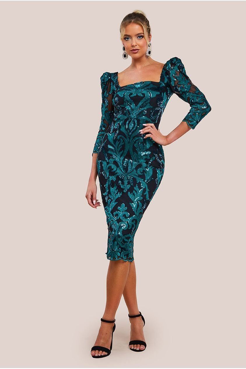 Square Neck Scalloped Embroidered Sequin Midi Dress - Emerald Green DR4124