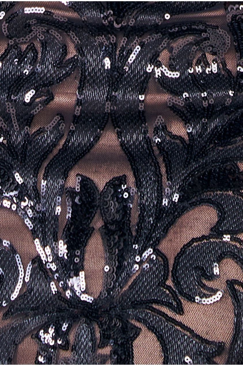 Square Neck Scalloped Embroidered Sequin Midi Dress - Black DR4124