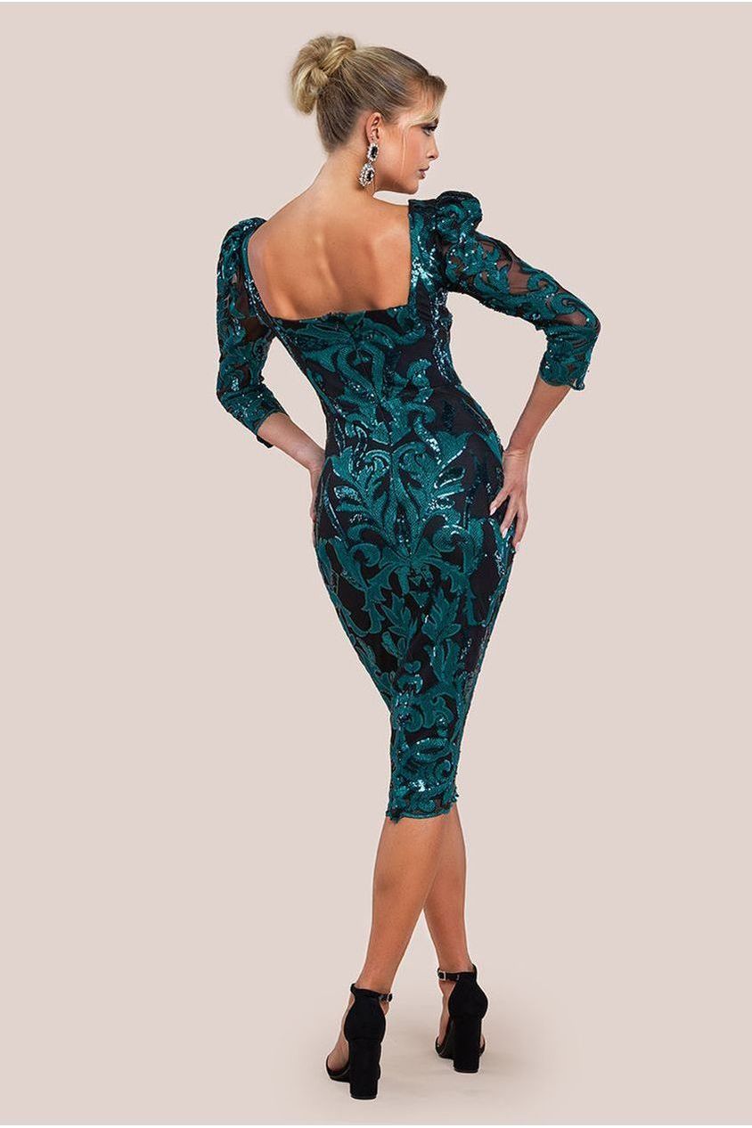 Square Neck Scalloped Embroidered Sequin Midi Dress - Emerald Green DR4124