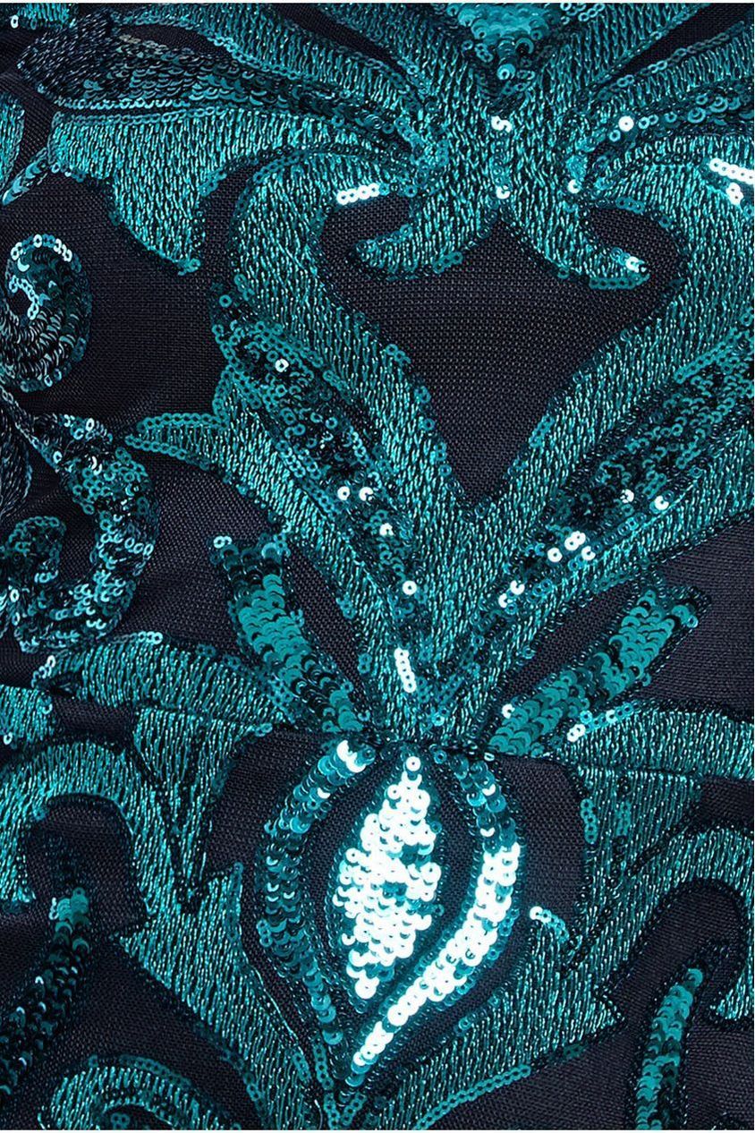 Square Neck Scalloped Embroidered Sequin Midi Dress - Emerald Green DR4124