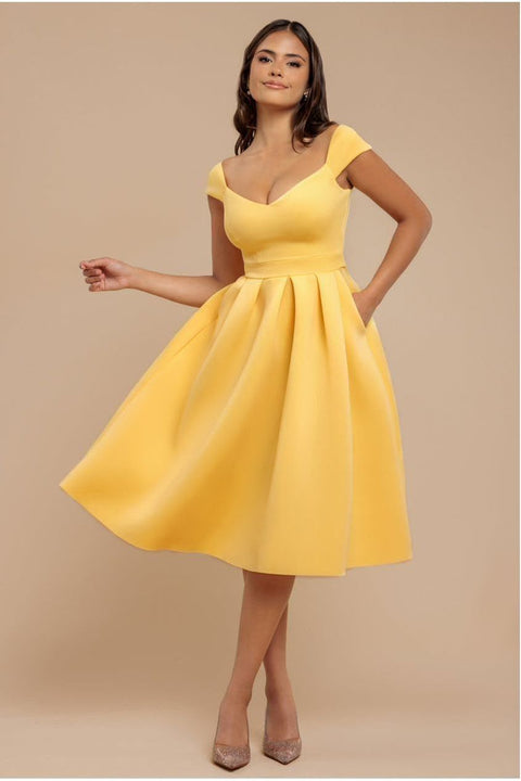 Scuba Foam Skater Midi Dress - Lemon by Goddiva