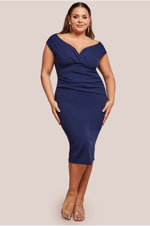 Scuba Bardot Pleated Midi Dress - Navy by Goddiva Plus