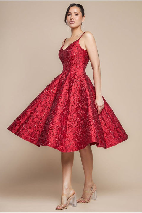 Jacquard Sleeveless A-line Midi Dress - Red by Goddiva