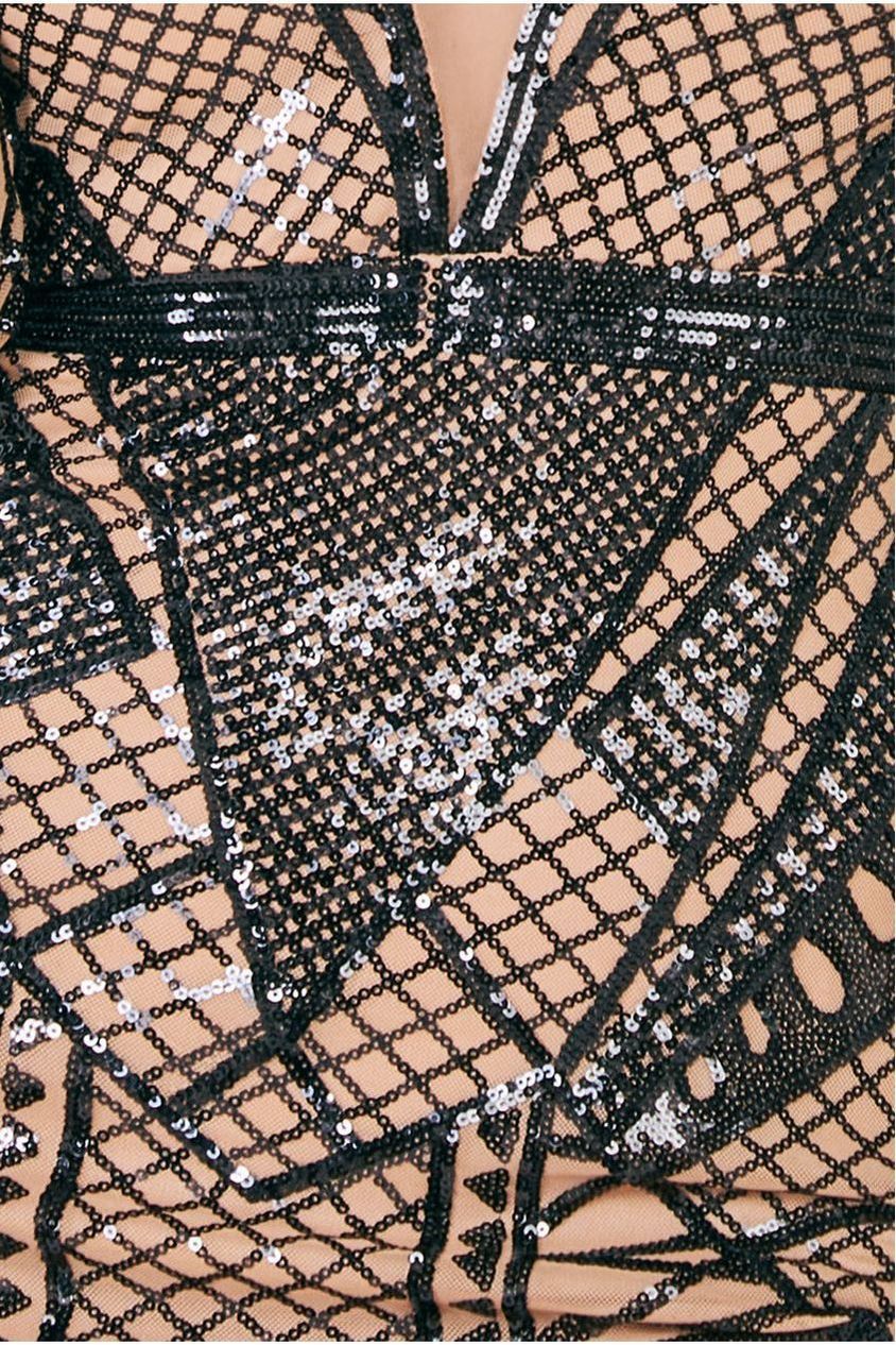 Geometric Sequin Plunge Mini Dress - Black DR4166