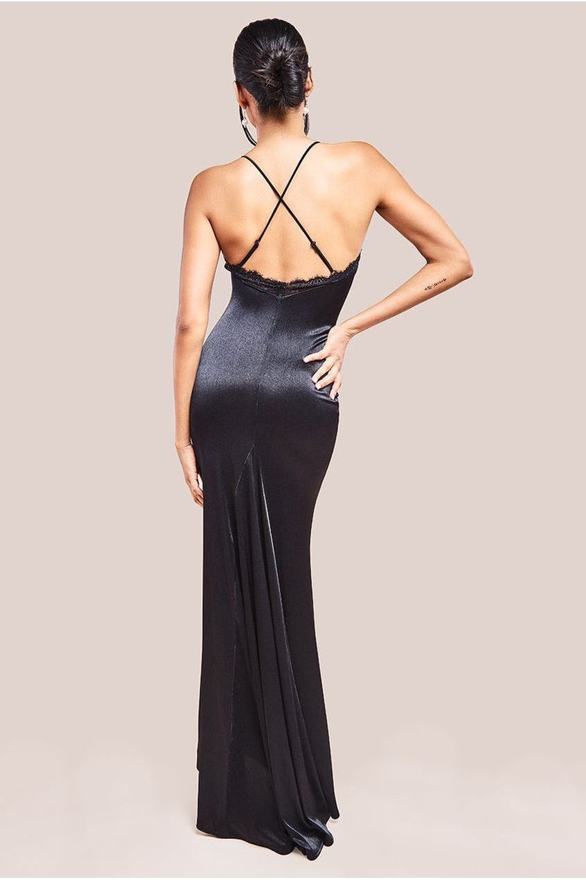 Lace Neck Satin Twill Maxi Dress - Black DR4195