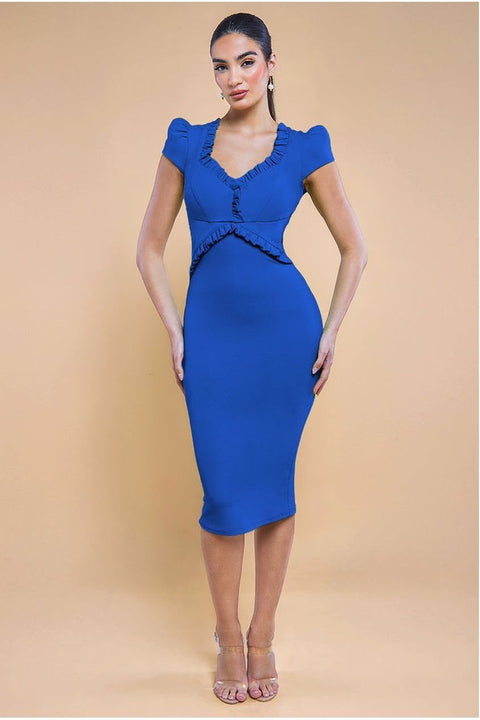 Cap Sleeve Frill Edge Midi Dress - Royal Blue by Goddiva
