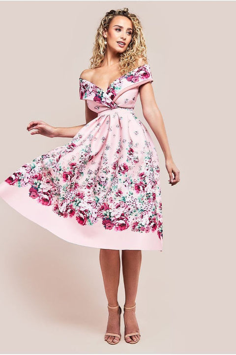 Bardot Floral Print A-Line Scuba Foam Midi Dress - Blush by Goddiva