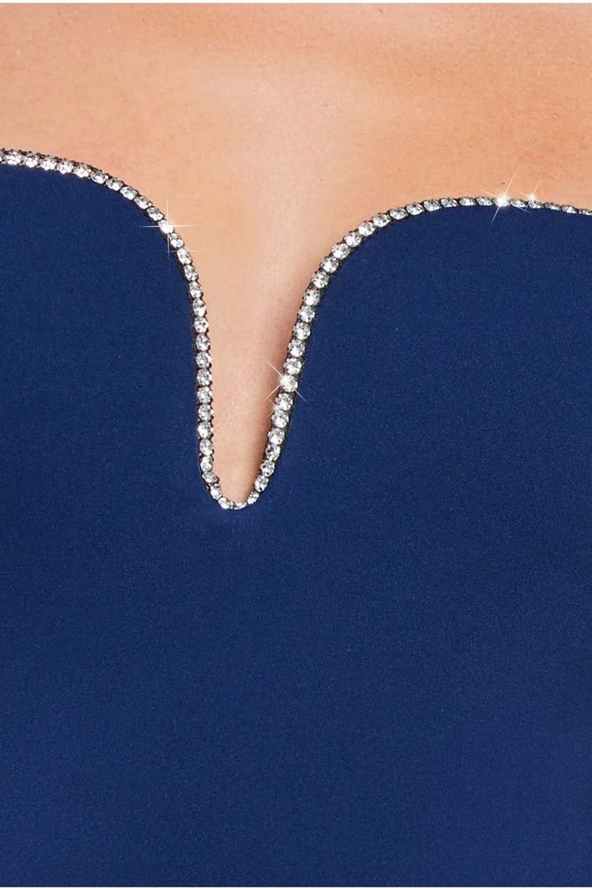 Embellished Diamante Trim Square Neck Scuba Maxi Dress - Navy DR4253