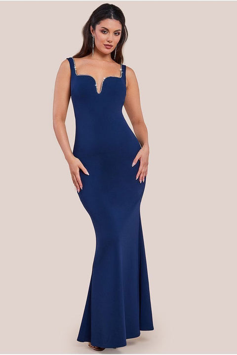 Embellished Diamante Trim Square Neck Scuba Maxi Dress - Navy by Goddiva