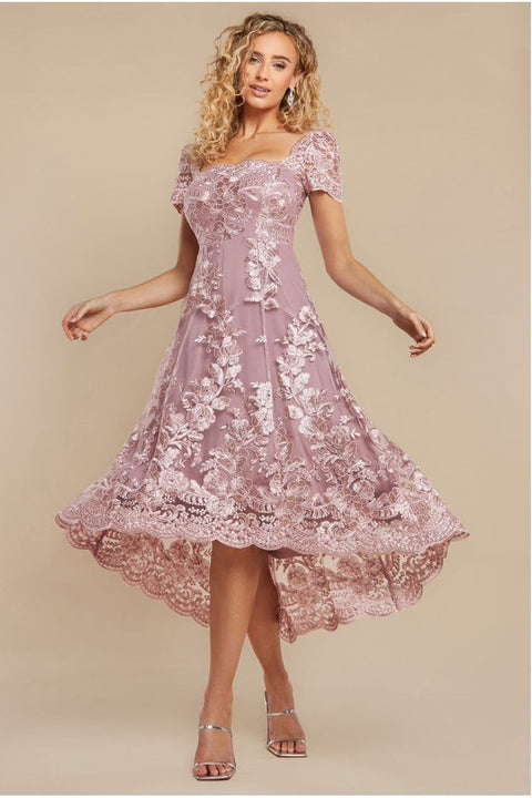 Scalloped Neck Embroidered Lace High Low Midi Dress - Pink by Goddiva