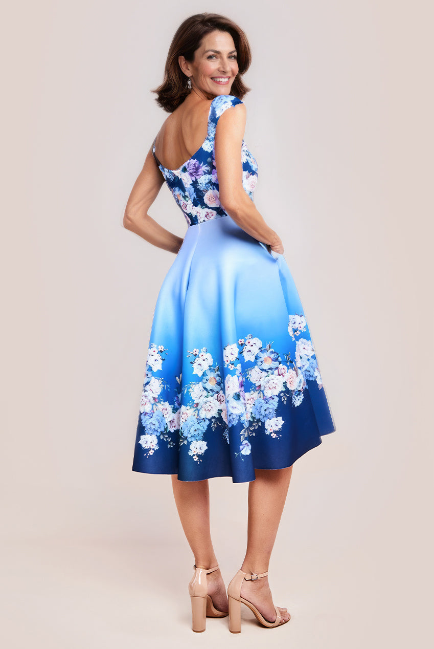 Floral Printed Scuba Foam Skater Dress - Blue DR4269M