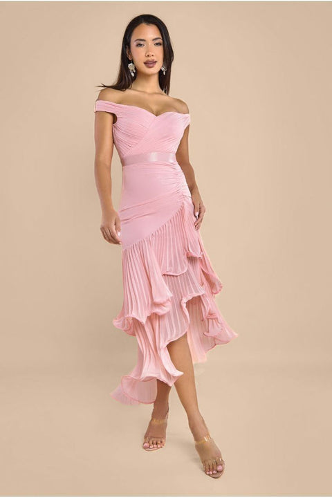 Pleated Bardot High Low Tier Chiffon Midaxi Dress - Blush Pink by Goddiva