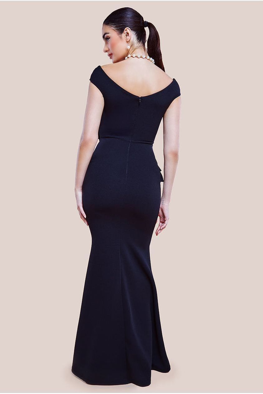 Scuba Crepe Rose Frill Maxi Dress - Black DR4281