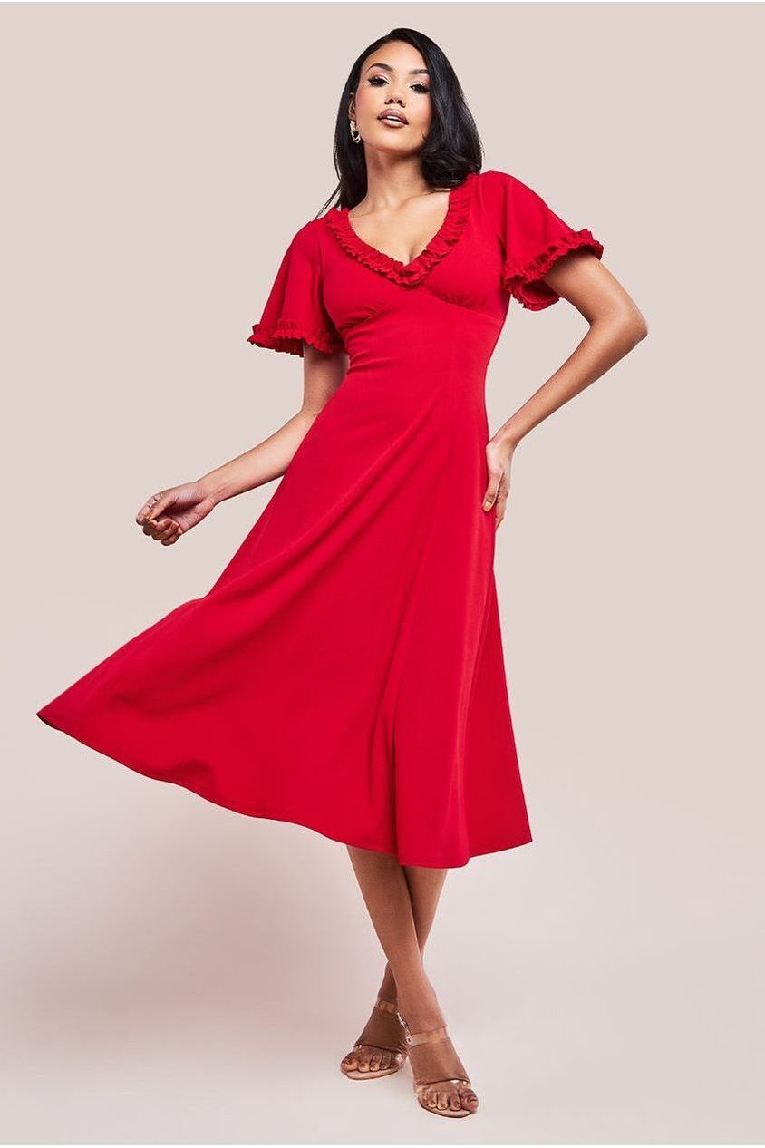 Flare Sleeve Frill Edge Midi Dress - Red DR4313