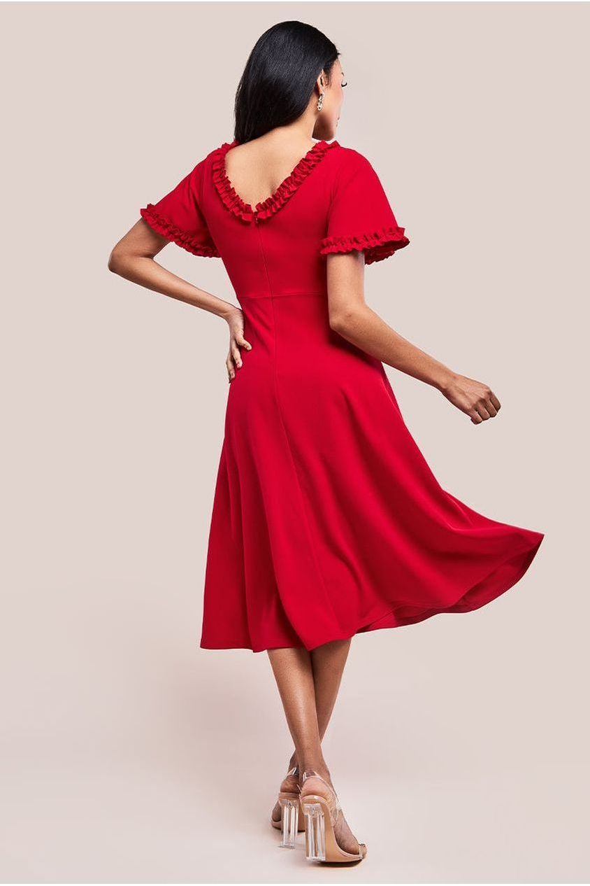 Flare Sleeve Frill Edge Midi Dress - Red DR4313