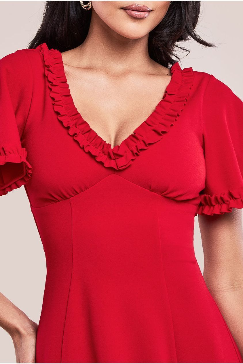 Flare Sleeve Frill Edge Midi Dress - Red DR4313