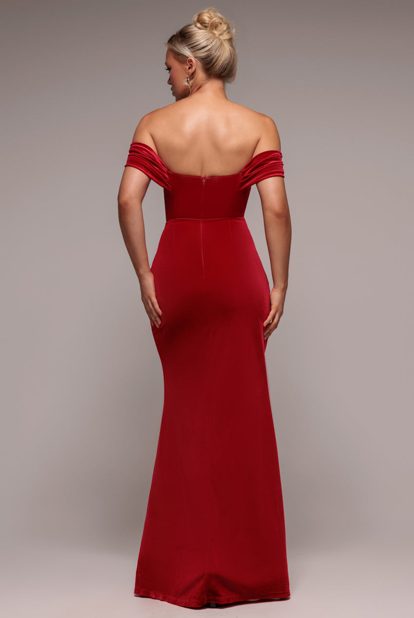 Off The Shoulder Front Split Velvet Maxi Dress - Red DR4318