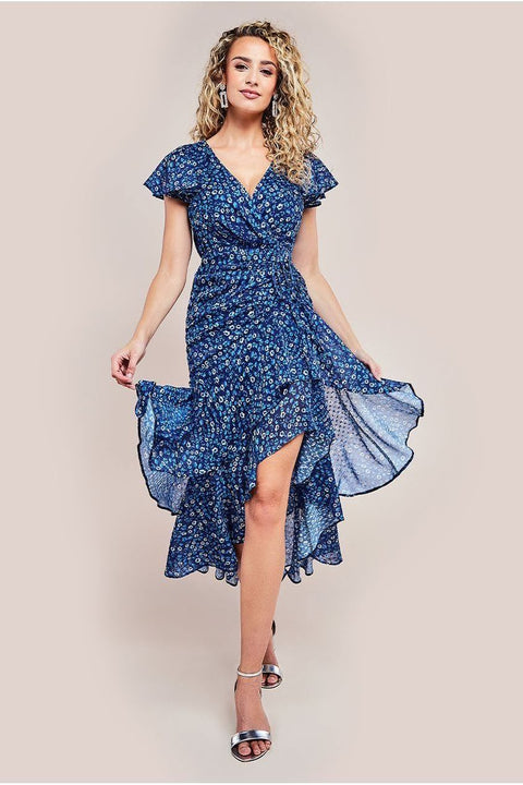 Printed Wrap High And Low Midaxi Dress - Navy by Goddiva