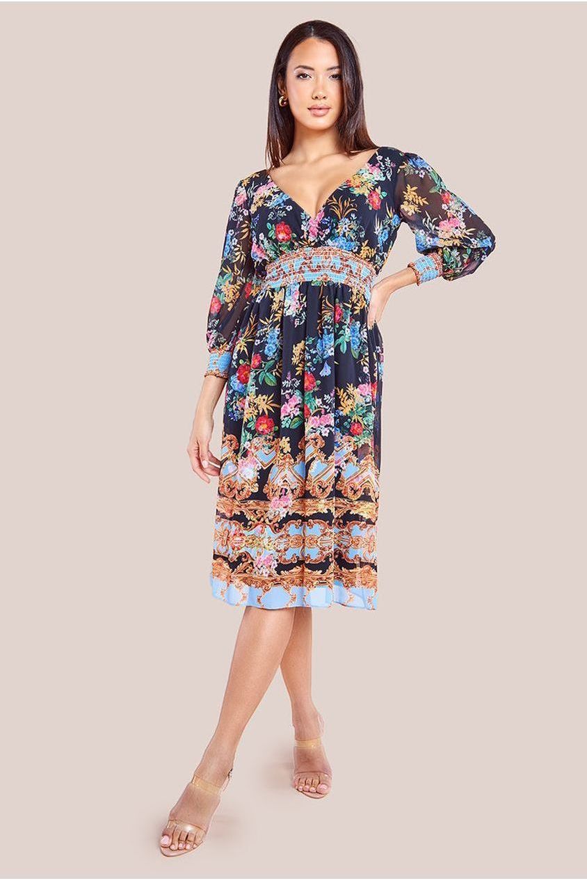 Chiffon Wrap Border Floral Print Midi Dress - Black DR4333