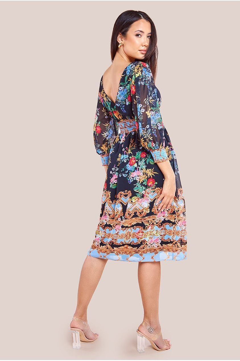 Chiffon Wrap Border Floral Print Midi Dress - Black DR4333